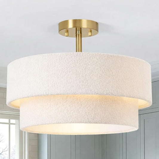 16.5'' Semi Flush Mount Ceiling Light, 3-Light Gold Ceiling Light Fixture with 2-Layer White Plush Shade, Farmhouse Drum Close to Ceiling Light for Living Room, Hallway, Bedroom, Kitchen, Dining Room