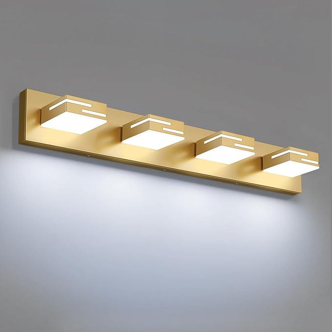 LED Modern Bathroom Vanity Light Fixtures, 4-Light 28-inch Dimmable Gold Vanity Lights for Bathroom Lighting Fixtures Over Mirror, with 360° Rotatable Heads (Cool White 6000K)