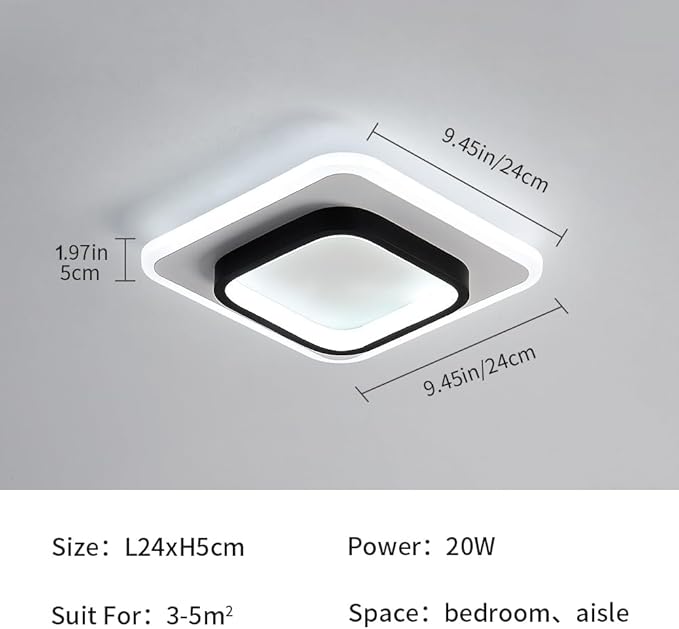 LED Ceiling Light 22W Modern Ceiling Lamp, Cool White 6500K 9.5 Inch Square Close to Ceiling Lights for Bedroom Hallway Office Kitchen Dining Room Entrance(Black & White)