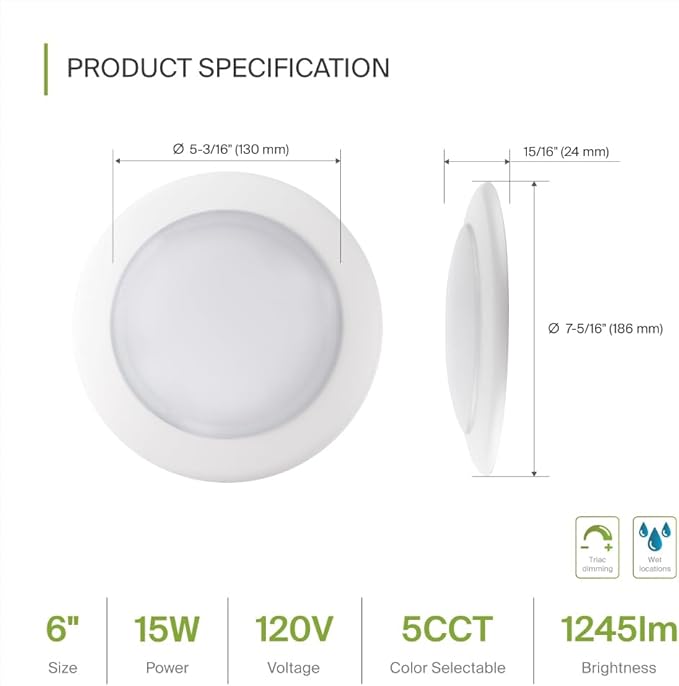 ASD 1 Pack LED Disk Lights 6 Inch, 15W 5CCT 2700K-5000K 1245LM CRI90+, Dimmable Flush Mount Ceiling Light Fixture, Low Profile Surface Mount Disc Lights, Junction Box or Recessed Can Install, UL