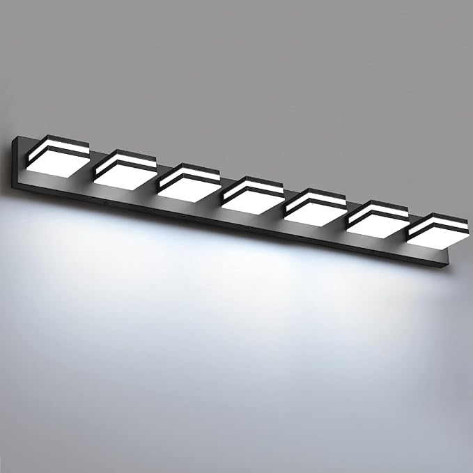 IZORRO LED Modern Bathroom Lights Fixtures(7-Light,Dimmable,360°Rotate),Matte Black Acrylic Wall Lighting,Vanity Lights for Bathroom Over Mirror - 6000k 40In （No Assembly Required）