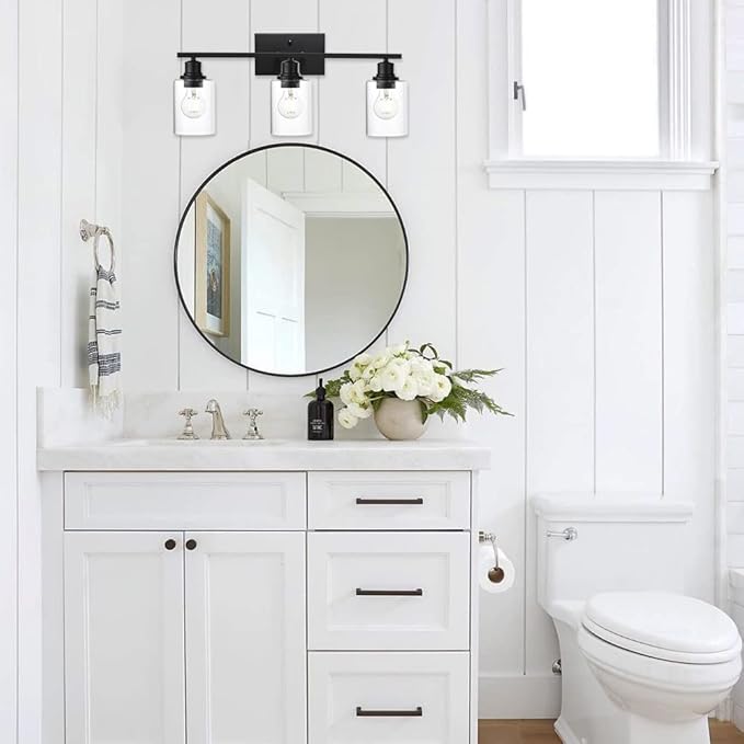 VINLUZ Matte Black Vanity Light for Bathroom 3 Light Farmhouse Indoor Bathroom Lighting Fixtures Over Mirror with Clear Glass Shade for Dressing Table