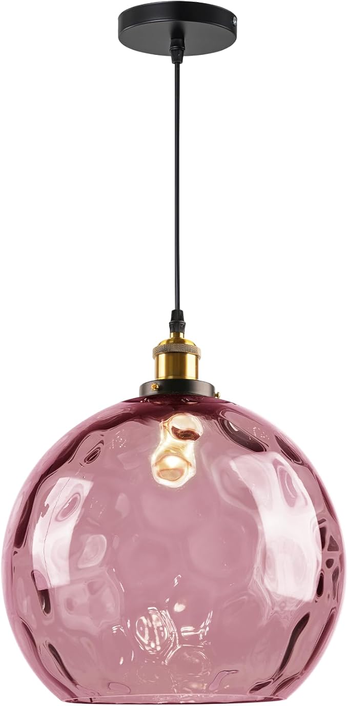 Large Glass Pendant Light 13.8", Pink Modern Pendant Lights Kitchen Island Lights Ceiling Hanging, Hammered Globe Pendant Lamps for Living Room Dining Room Bedroom Bathroom Hallway