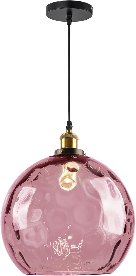 Large Glass Pendant Light 13.8", Pink Modern Pendant Lights Kitchen Island Lights Ceiling Hanging, Hammered Globe Pendant Lamps for Living Room Dining Room Bedroom Bathroom Hallway