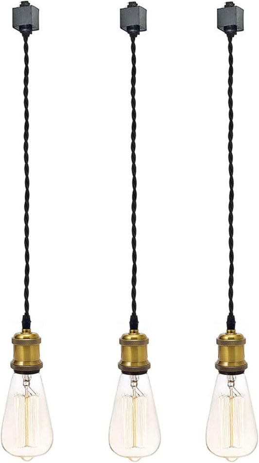 Kiven 3-Light H-Type Wire Track Light Pendants, 59 Inch Cord Length Black Weave Rope, Restaurant Chandelier Decorative Pendant Light Industrial Factory Pendant Lamp 3 Pack,Bulb Not Included（Gold）