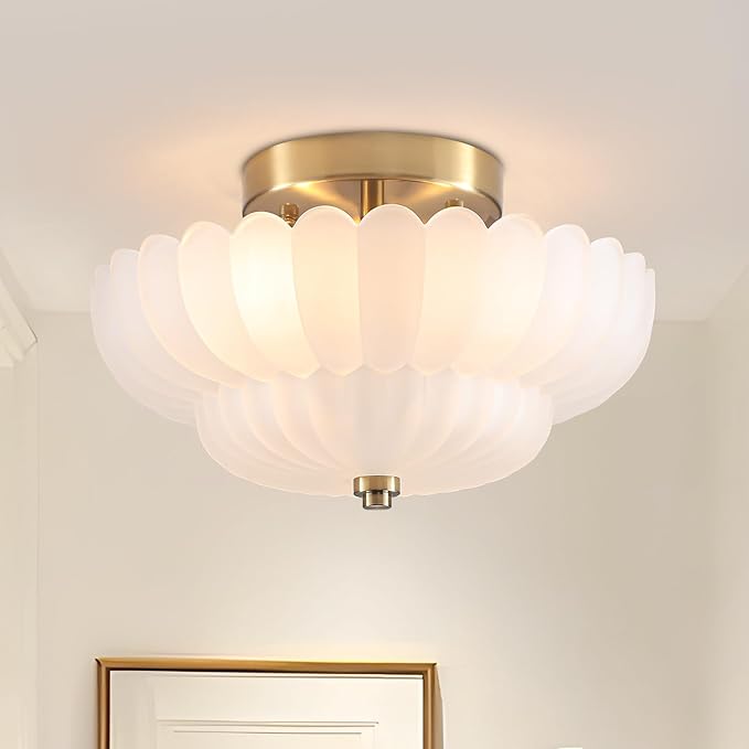 Milk Glass Flush Mount Ceiling Light - 11.6” Brass Semi Flush Mount Ceiling Light Fixture with Milk Glass，Mid Century Close to Ceiling Light for Bedroom, Living Room, Hallway, Entryway