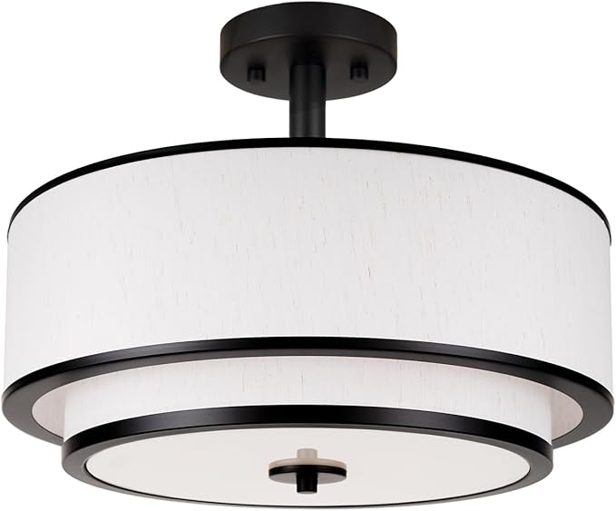 3-Light Semi Flush Mount Ceiling Light, 16" Drum Light with White Fabric Shade, Modern Close to Ceiling Lamp for Living Room Bedroom Dining Kitchen Hallway Entry (Matte Black)