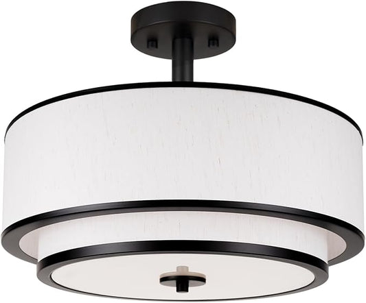 3-Light Semi Flush Mount Ceiling Light, 16" Drum Light with White Fabric Shade, Modern Close to Ceiling Lamp for Living Room Bedroom Dining Kitchen Hallway Entry (Matte Black)