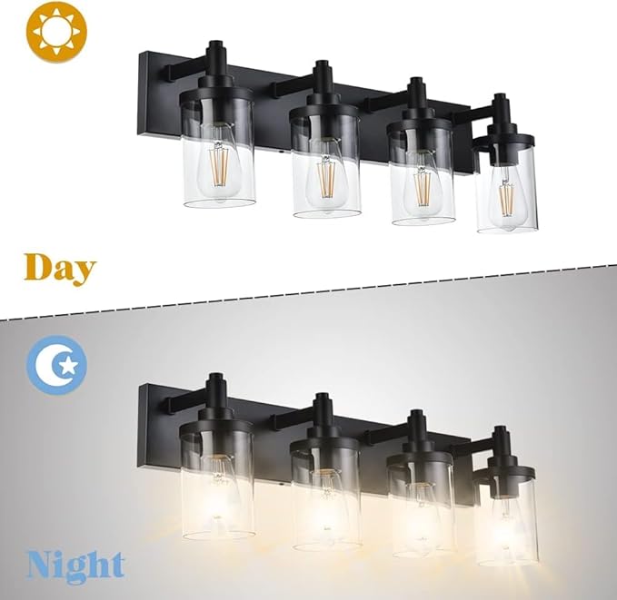 Modern Vanity Lighting, 4 Lights Bathroom Light Fixtures Over Mirror with Clear Class Shade Industrial Matte Black Wall Sconce for Powder Room Living Room, Bedroom Hallway Farmhouse