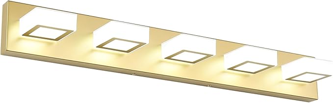 Ralbay Modern LED Gold Bathroom Vanity Lights 5 Lights LED Modern Gold Vanity Lights Over Mirror Fixture Acrylic Gold Vanity Wall Light (White Light 6000K), 33.5 inch, 8590-gold-silver