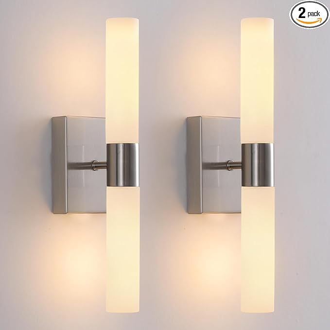 KUZZULL Wall Sconces Set of Two Brushed Nickel Bathroom Sconces Wall Decor Set of 2 Modern Wall Light Fixtures Metal Sconces Wall Lighting with Frosted Glass Shade Wall Mounted Lamp