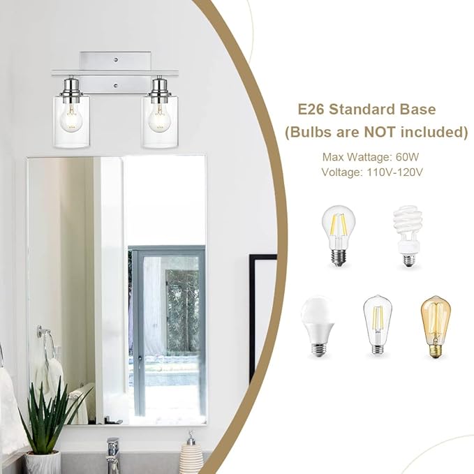 VINLUZ Bathroom Light Fixtures in Chrome Finish,2 Light Industrial Indoor Wall Sconce with Clear Glass Shade Metal Vanity Lighting Over Mirror Bulb Not Included