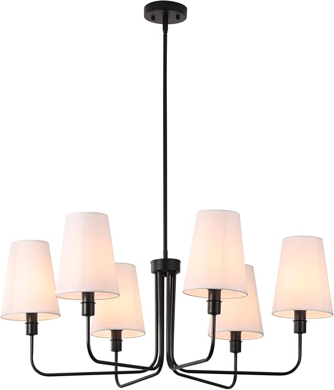 Modern Farmhouse Chandelier Black 6-Light 35.4" Mid Century Dining Room Light with Linen Fabric Shade Adjustable Hanging Ceiling Pendant Light for Kitchen Island Dining Table Bedroom, E12