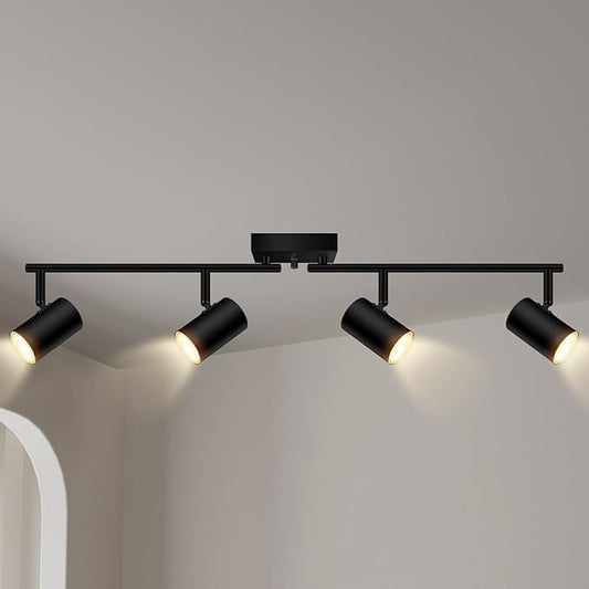 4 Light Track Lighting Fixtures Ceiling, Matte Black Track Lights Ceiling with Flexibly Rotatable Light Heads, Modern LED Track Light kit for Kitchen/Hallway, GU10 Bulb Not Included