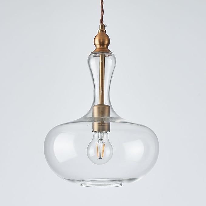Glass Pendant Light Vintage Brass Kitchen Island Pendant Light with Clear Glass Shade for Dining Room Kitchen Entrance Stairs