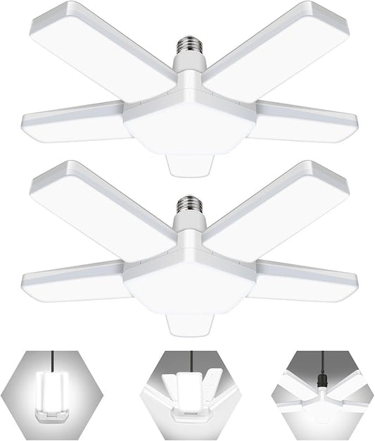 LED Garage Lights 2 Pack, The New 100W Deformable LED Shop Lights with 5 Adjustable Panels, E26/E27 LED Ceiling Light, 10000LM 6500K Hight Bay Light for Basement Warehouse Workshop