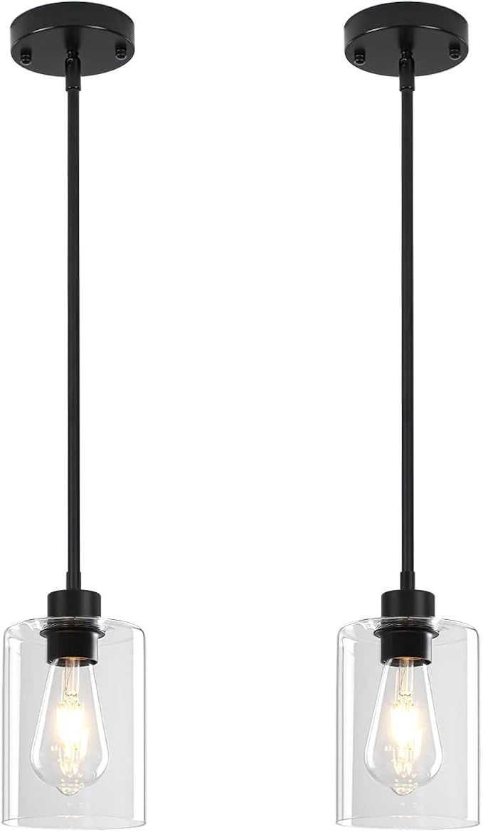 2 Pack Black Pendant Lights Kitchen Island, Modern Glass Pendant Lighting Over Island Kitchen Hanging Dining Room Light Fixtures Adjustable Pendant Lights for Bathroom Hallway Entryway Bedroom