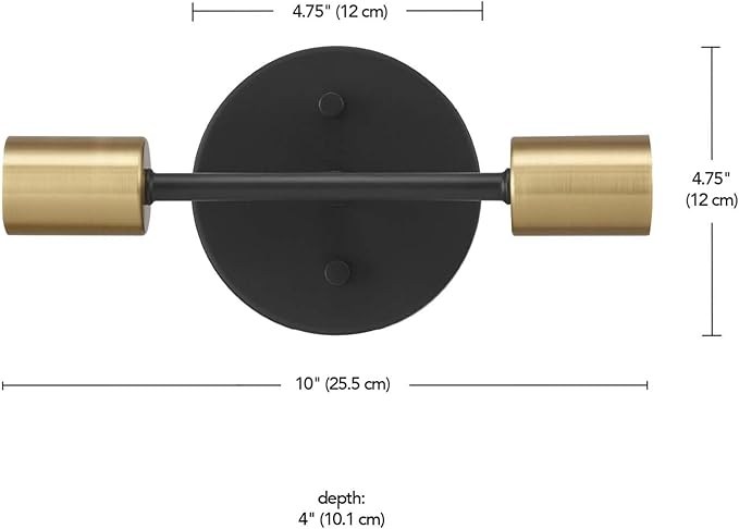 Globe Electric 52085 10" 2-Light Reversible Vanity Wall Light, Matte Black, Brass Accent Socket, Dimmable Lighting, E26 Open Socket, Beauty Room Accessories, Home Decor, Modern Lights for Bathroom