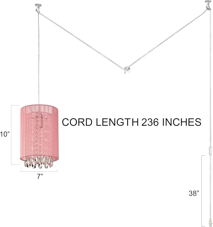 LaLuLa Hanging Lamp Plug in,Pink Cotton Hanging Lights with Plug in Cord, Crystals Pendant Light,1-Light Hanging Lamps for Living Room Plug in,Bedrooms, Girls Room,Vanity,Playhouse,Closet