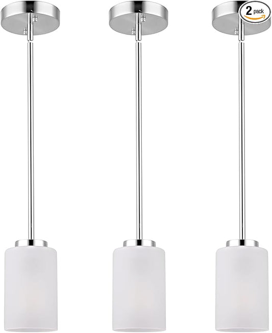 Indoor Brushed Nickel Pendant Light Fixtures, Adjustable Kitchen Island Hanging Lights with White Frosted Glass Shade，Vintage Lamp Mini Pendant Lights for Bedroom Living Room, 3 Pack