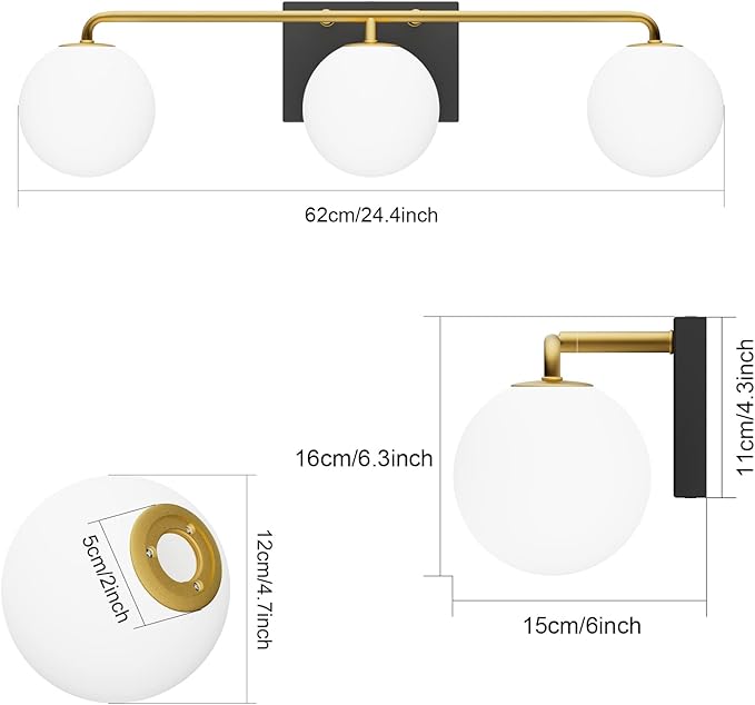 Tipace Mid Century Modern Gold 3-Lights Vanity Light Fixtures with Milky White Glass Ball Shades Industrial Vanity Lighting Over Mirror Wall Sconces for Bathroom Dressing Table Bedroom(Exclude Bulb)