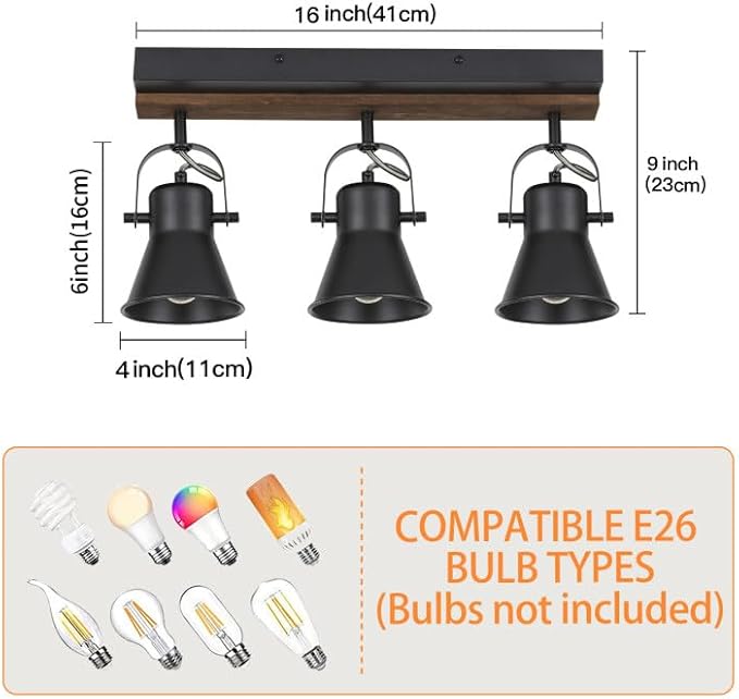 KEESFU 3-Light Track Lighting Kit,Black Semi Flush Mount Ceiling Light with 3 Rotatable Light Heads,Modern Farmhouse Lighting for Livingroom,Bedroom,Hallway,Art Wall,Bathroom,Kitchen.(3-Light)