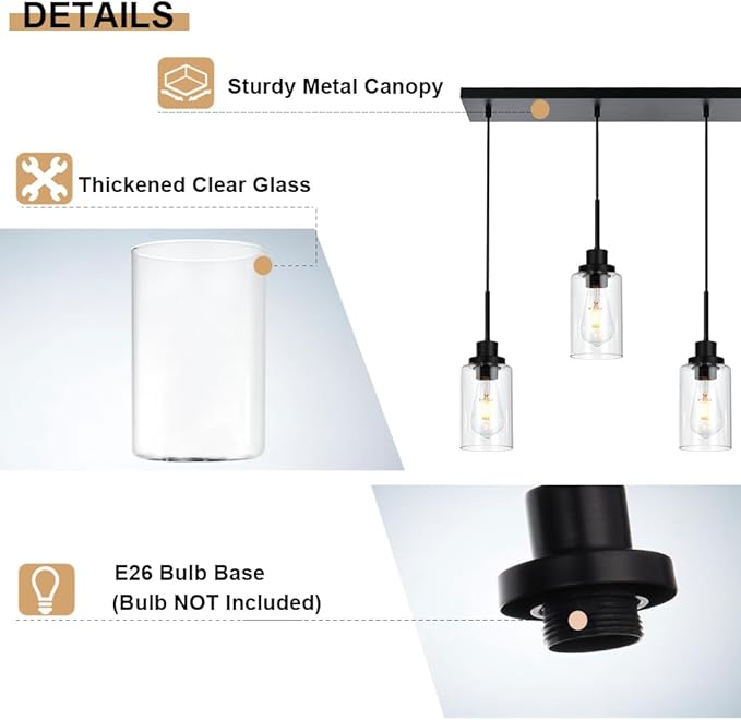 Black Pendant Light Fixtures with Clear Glass, 4-Lights Adjustable Height Hanging Ceiling Lights, Kitchen Island Lighting for Living Room Office Bar Farmhouse