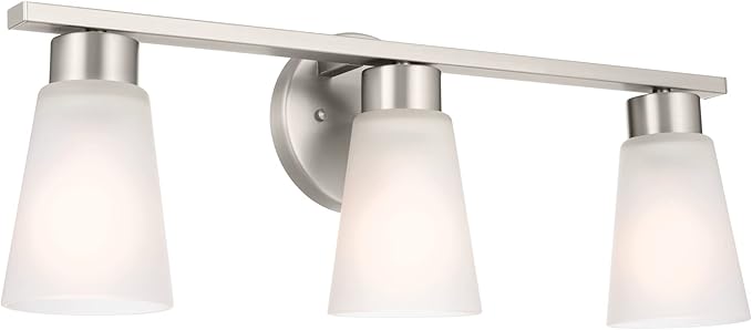 Kichler Stamos 3-Light Bathroom Vanity Light Fixture with Satin Etched Glass Shades, 22 in Modern Wall Mount Light in Brushed Nickel for over Mirror (22 in x 5 in x 8 in), 55121NI