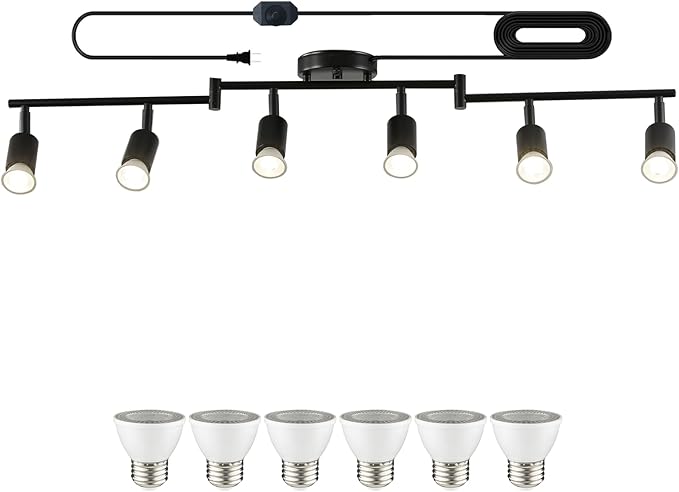 Dimmable 6 Light Black Plug in Track Light White Plug in Ceiling Lighting Fixture with 16.4' Long Cord,6 Way Ceiling Spotlight,Rotatable Wall Mount Light Head,LED dimmable Spot Bulbs Included