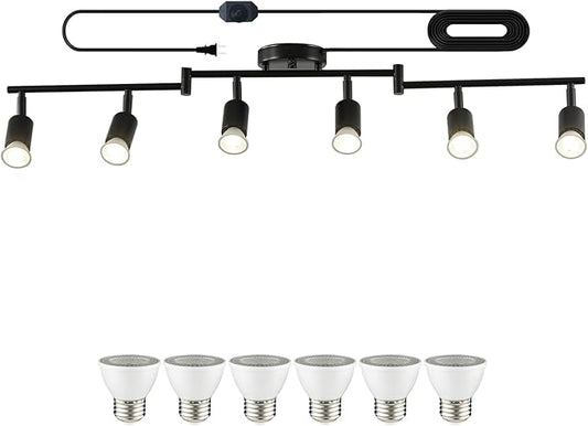 Dimmable 6 Light Black Plug in Track Light White Plug in Ceiling Lighting Fixture with 16.4' Long Cord,6 Way Ceiling Spotlight,Rotatable Wall Mount Light Head,LED dimmable Spot Bulbs Included