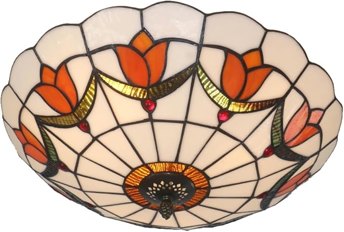 16 Inch Tiffany Style Stained Glass Ceiling Light Flush Mount Ceiling Light Vintage Chandeliers Pendent Light Fixtures (16 Inch Orange)