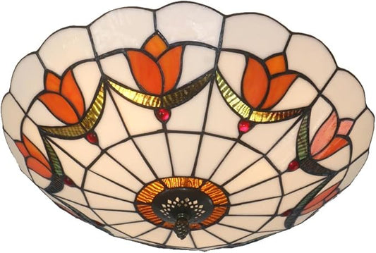 16 Inch Tiffany Style Stained Glass Ceiling Light Flush Mount Ceiling Light Vintage Chandeliers Pendent Light Fixtures (16 Inch Orange)