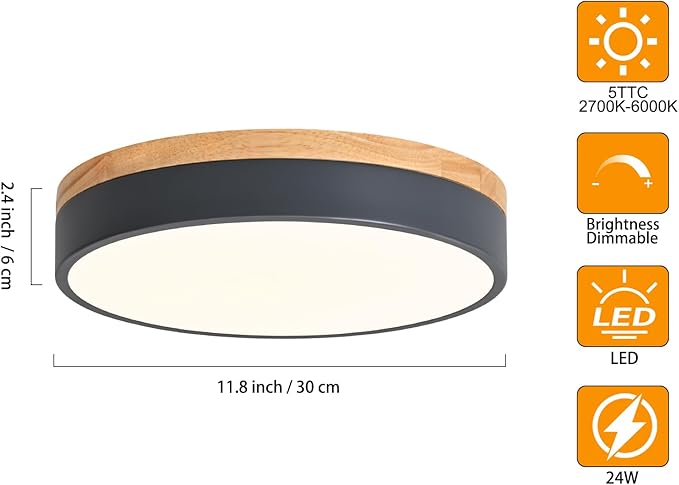 Yiisem Dimmable Wood LED Flush Mount Ceiling Light, 5CCT 2700K-6000K Modern Round Close to Ceiling Lighting Fixtures, Minimalist Grey Ceiling Lamp for Bedroom, Kitchen, Laundry Room, Hallway