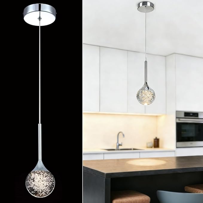 Modern Crystal Pendant Light Chrome Mini Globe Chandelier Dimmable LED Ceiling Hanging Light Luxury Bubble Crystal Kitchen Island Light for Dining Room Bedroom,3000K