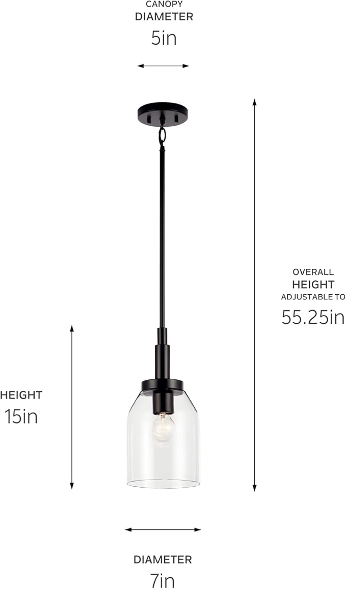 Kichler Madden 1-Light Mini Pendant with Clear Glass in Black, Sloped Ceiling Compatible, for Bathroom or Kitchen (15" x 7"), 52725BK