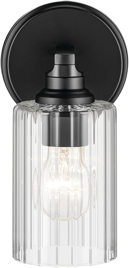 Kichler Gioe 5" 1-Light Wall Sconce Bathroom Light Fixture with Clear Fluted Glass in Black, Damp Rated for Powder Room, Kitchen, Hallway, Bedroom (5" W x 9.5" H), 55224BKFLU