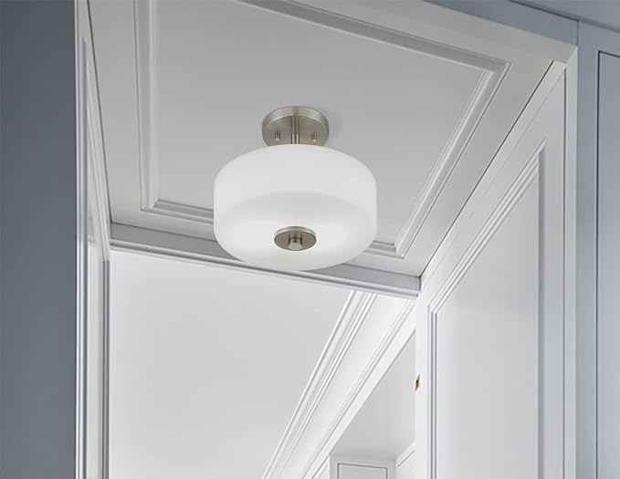 Tawson Abra 2-Light Semi Flush Mount Light with Etched Glass in Drump Shade Brushed Finish for Hallway, Entryway, Passway, Dining Room, Bedroom, Garage, Kitchen Island, Balcony
