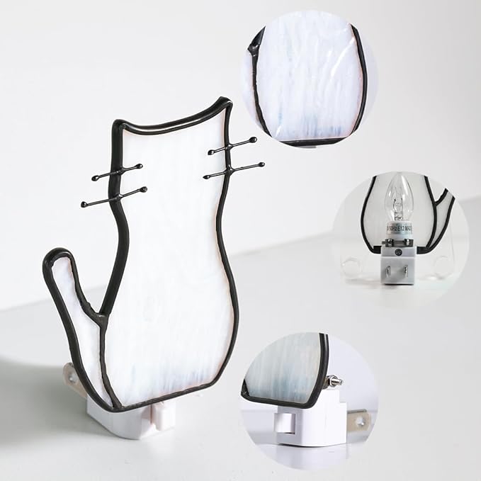 BOXCASA White Cat Night Light, Stained Glass Lamp, Warm Yellow Plug-In Night Light for Living Room, Bedroom, Hallway - Cat Gifts
