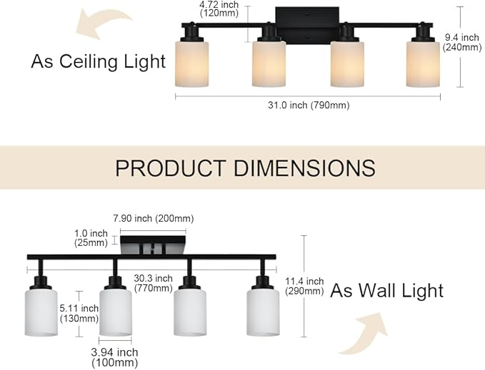 TODOLUZ Adjustable Ceiling Spotlight in Black, 4-Lights Kitchen Island Light Fixtures Ceiling Wall Mount, Track Lighting Kit with Opal White Glass Hallway Dining Room