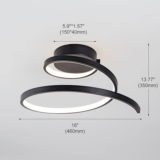 Modern LED Ceiling Light 24W Spiral Design Ceiling Lighting Fixture 18 inch,4000K Warm White Light Fixture for Hallway Aisle Balcony Bedroom Kitchen Office (Black)