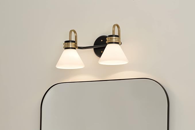 Kichler Farum 2-Light Bathroom Vanity Light Fixture with Opal Glass in Black with Champagne Bronze Accents, Modern Damp Rated for Over Mirror (19.25" x 9.5" x 9.5"), 55154BK
