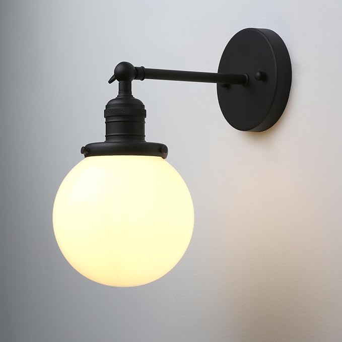 Phansthy 1-Light Wall Sconce, Brass Boho Bathroom Vanity Light, Modern Wall Light with Globe Glass Shade E26 Base, Adjustable Wall Lighting Fixtures for Bedroom, Living Room (Black, White Shade)