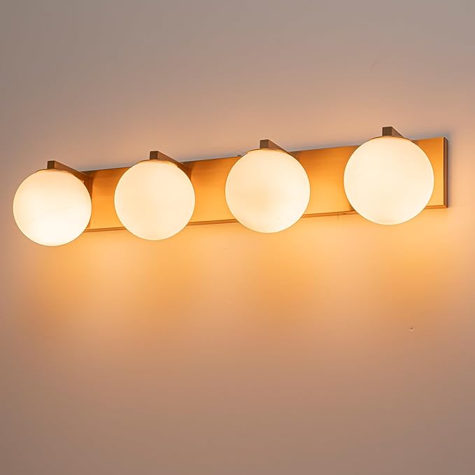 Lingkai Gold Bathroom Light Fixtures,4-Light Bathroom Vanity Light Over Mirror,Mid Century Modern Vanity Lighting Fixtures with Milky White Glass Globe Shades,33 Inch Wall Sconce Lamp