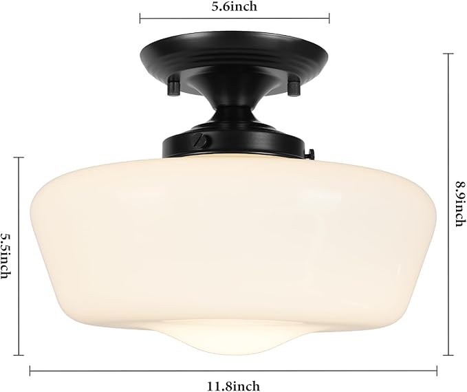 Schoolhouse Style Semi Flush Mount Ceiling Light Fixture, 12" Modern Hallway Ceiling Lamp with Opal Milk Glass Shade, Farmhouse Globe Light for Bedroom Kitchen Hallway Entryway Laundry