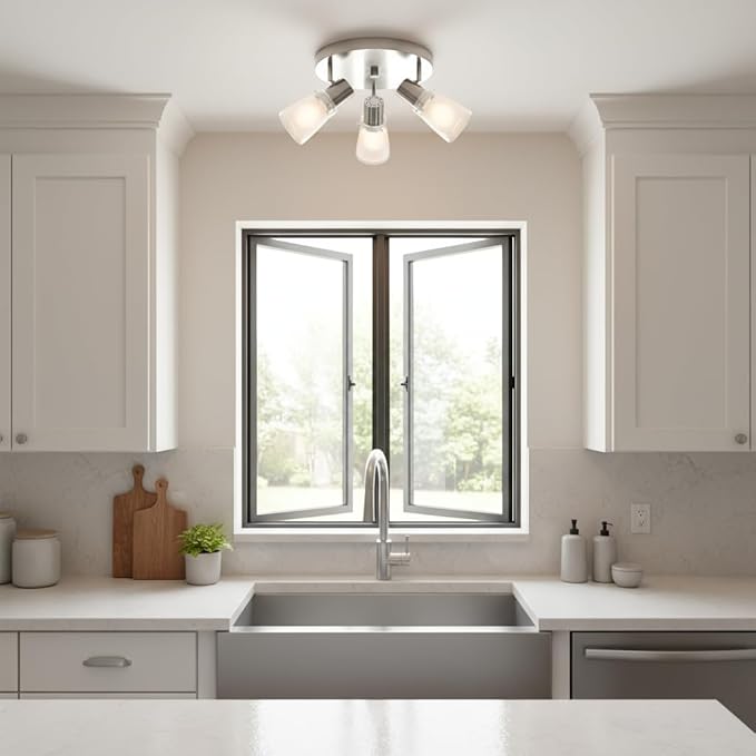 10” Decorative Track Lighting Kit, Brushed Nickel Finish Flush Mount Ceiling Light Fixture with Frosted Glass Shades, E26 Base Adjustable Heads Provide Directional Light (3-Light)