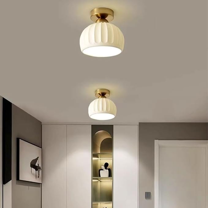 KISAD Modern Minimalist Semi-Flush Mount Ceiling Light Nordic Stripe Ceramics Small Ceiling Lamp Indoor Home Decor Fixture for Hallway Entryway Balcony Closet(Gold)