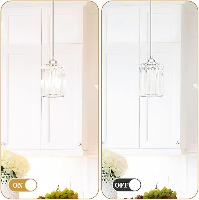 Chrome Kitchen Pendant Lights Over Island with Adjustable Rods - Crystal Pendant Lighting Fixtures for Sloped Ceiling, Ideal Over Dining Table or Bar, E26 Bulb Compatible, No Electrician Needed