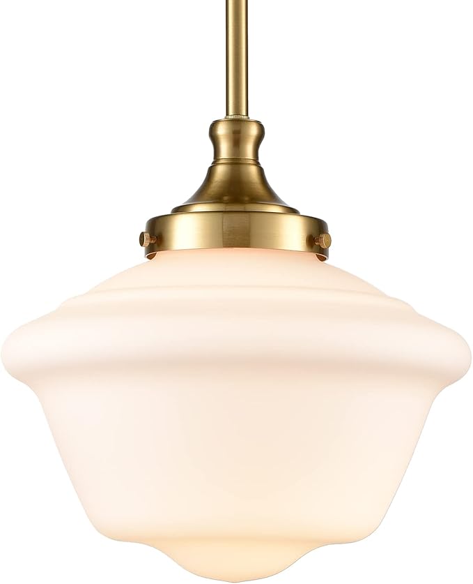SAMTEEN Modern Gold Pendant Light Schoolhouse Light Fixture 10-Inch White Glass Pendant Lighting for Kitchen Island Adjustable Height Brass Hanging Light Kit for Dining Room Hallway