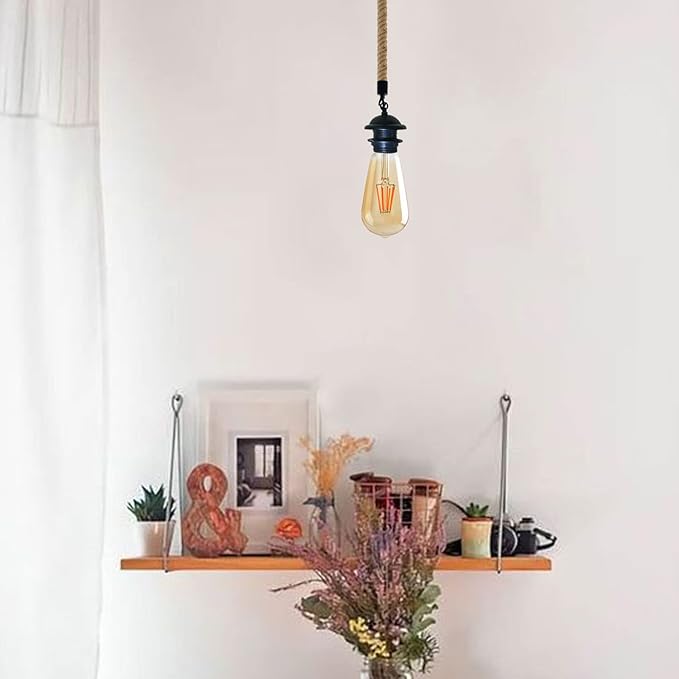 LEDSone Farmhouse Vintage Hemp Rope Pendant Light Hemp Rope Adjustable Ceiling Hanging Pendant Light E26 Base Industrial Hemp Rope Retro Pendant Lighting Fixture for Dining Room Kitchen (Pack of 3)