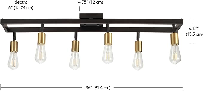 GLOBE Electric 64000096 36" 6-Light Track Lighting, Matte Black, Brass Sockets, Adjustable Pivoting Heads, Ceiling Light Fixture for Kitchen Island, Hallway, or Dining Room, Modern Farmhouse Lights